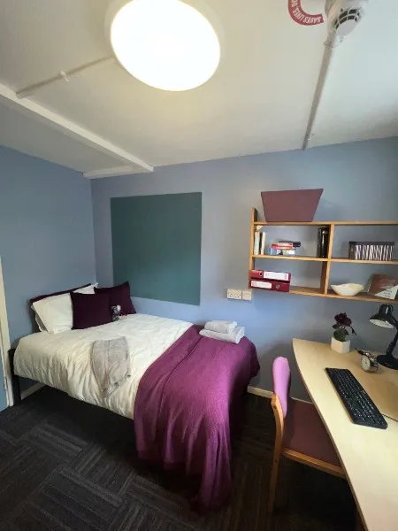 A bedroom in City Campus standard accommodation: a bed adjacent to a computer desk with an office chair, shelves and a pin board on the wall to their left