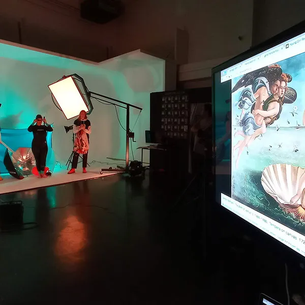 Image show the photography studio with students and staff setting up for the Venus shoot