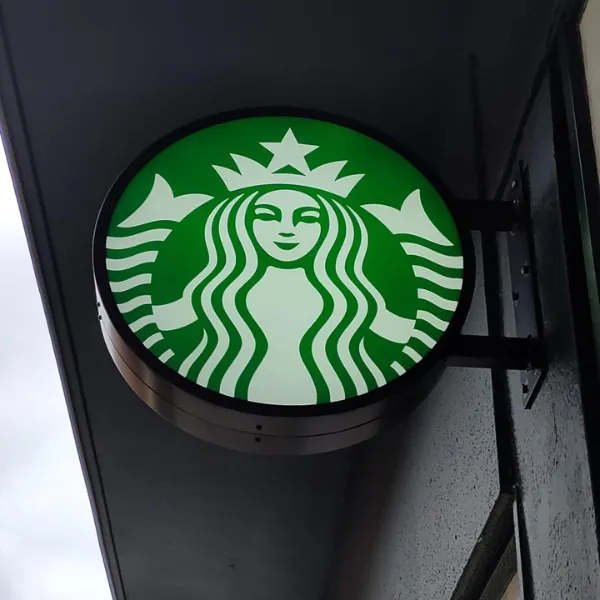The Starbucks logo outside the building