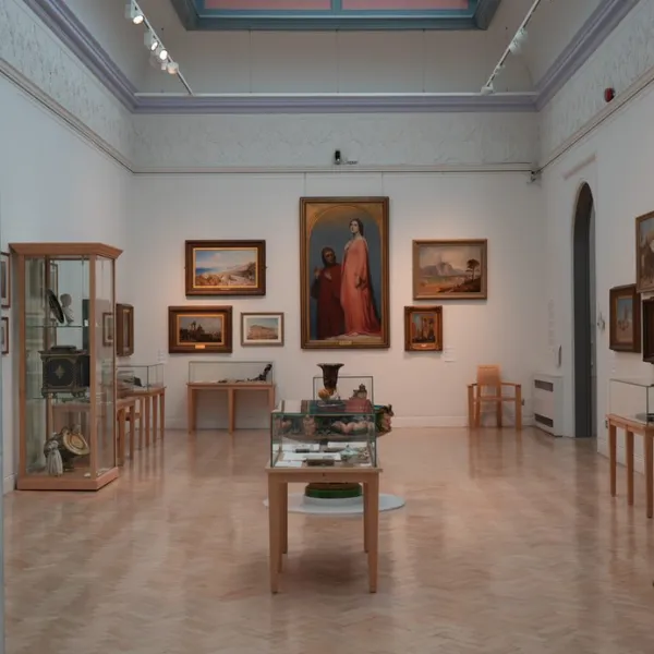 The art gallery, with paintings, pottery and artefacts in glass cases on display