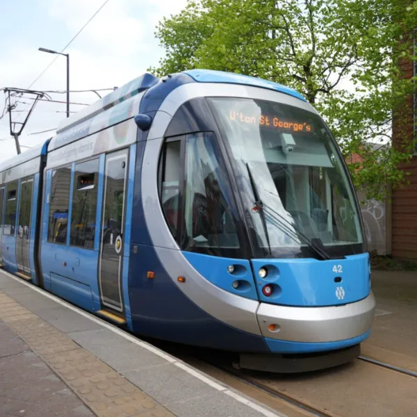 A blue tram used for travel around Wolverhampton