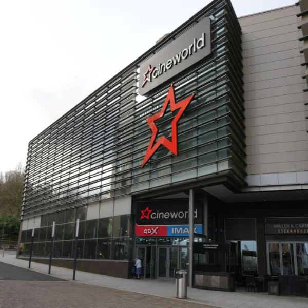 Cineworld in Telford, a large red star logo on the front of the building, smaller red and blue signs advertising 4DX and IMAX