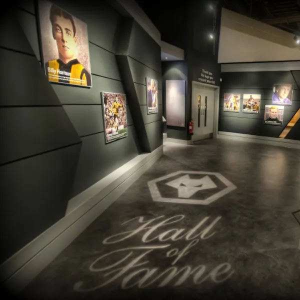 The Wolverhampton Wanderers hall of fame at the Wolves Museum, with photos and portraits of players