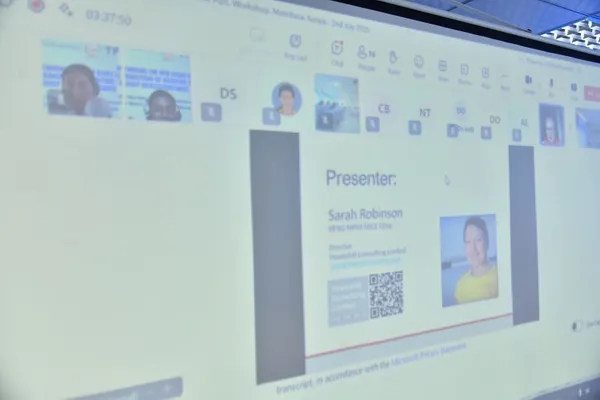 Picture of a meeting slide during a zoom call, listing a profile of presenter Sarah Robinson.