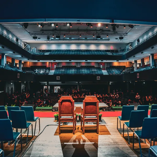 Photograph of a graduation ceremony seating plan in a University of Wolverhampton at The Halls venue.