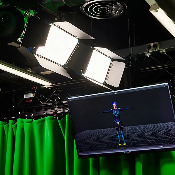 ceiling monitor in the motion capture studio