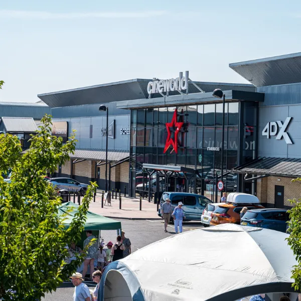Exterior of Cineworld in Wolverhampton, with parking and Cineworld branding above the entrance