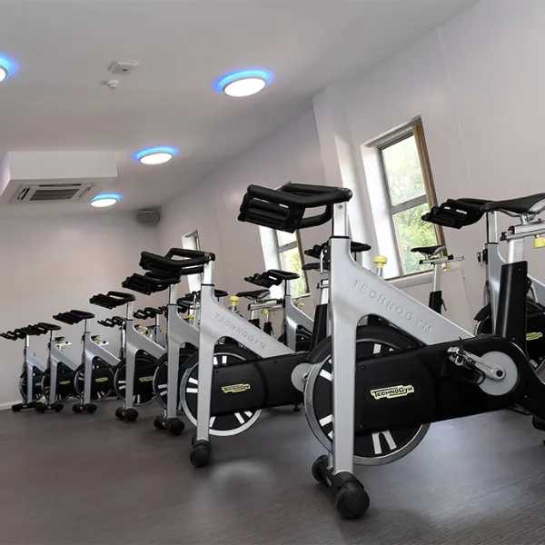 A row of cycling machines